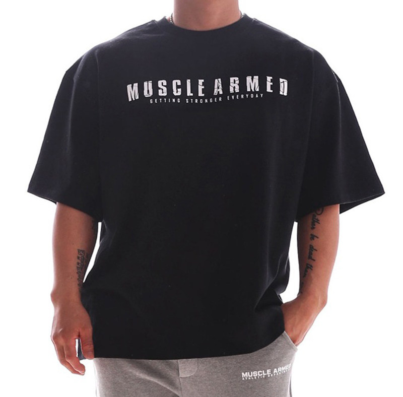 Muscle sports cotton-Korean speed-dry T-shirt men with loose large-size short sleeve training roll-up tide casual fitness T-shirt