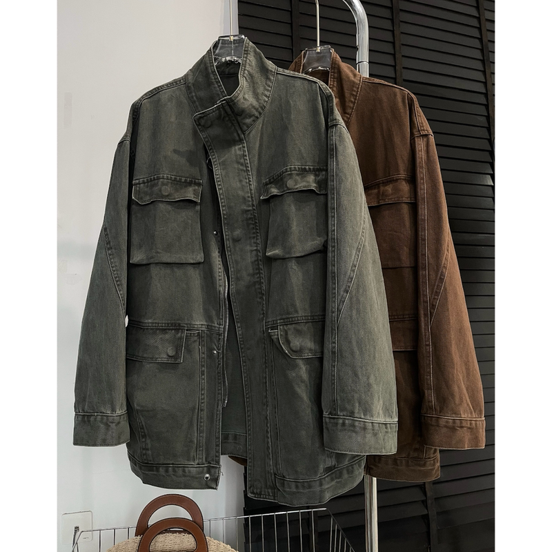 Vintage Distressed Workwear Style Denim Jacket for Women, Autumn Fashion Stand Collar Pocket Loose Mid-Length Washed Top Trendy Wear