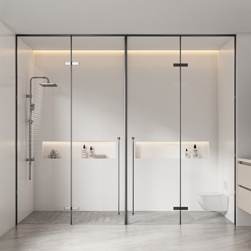 Minimalist Frameless T-Shaped Shower Room for Large Apartments, Integrated Home Bathroom with Hinged Glass Partition for Dry and Wet Separation