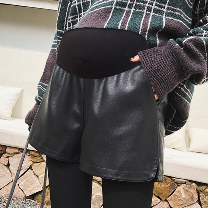 Pregnant woman shorts for autumn and winter outside wearing leather pants Women 2022 Winter boomers Belly Pants Wide Leg Boots Pants Black Inner Hitch Pants