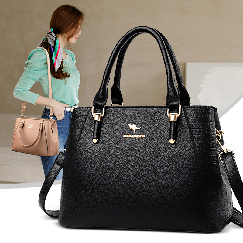 Genuine Leather Kangaroo Handbag for Women 2026 New Model High-End Large Capacity Black Commuter Shoulder Bag Versatile Mom Bag