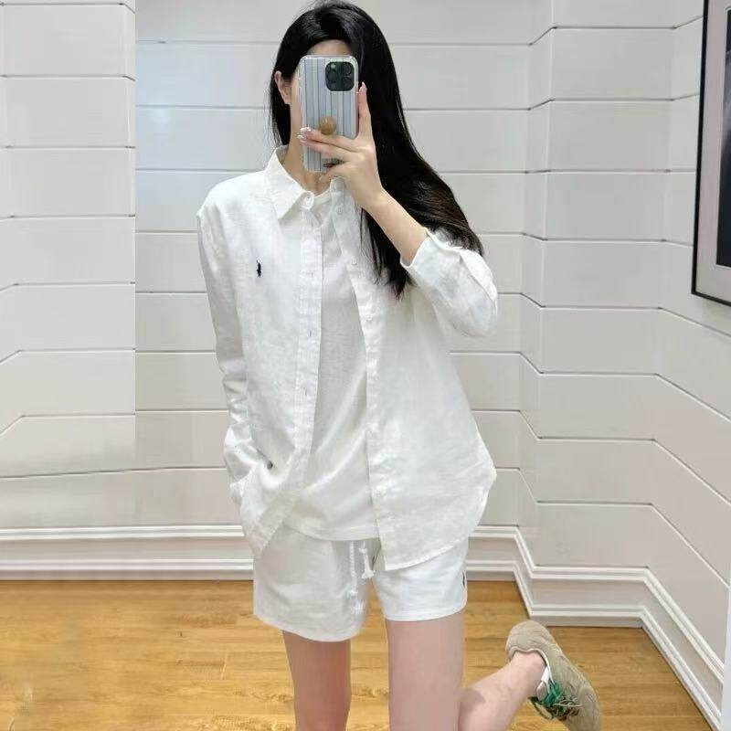 Canadian International Version Polo Collar Linen Shirt for Women, Spring and Summer, Pony Embroidery, Old Money Style, Sun Protection Cotton-Linen Shirt