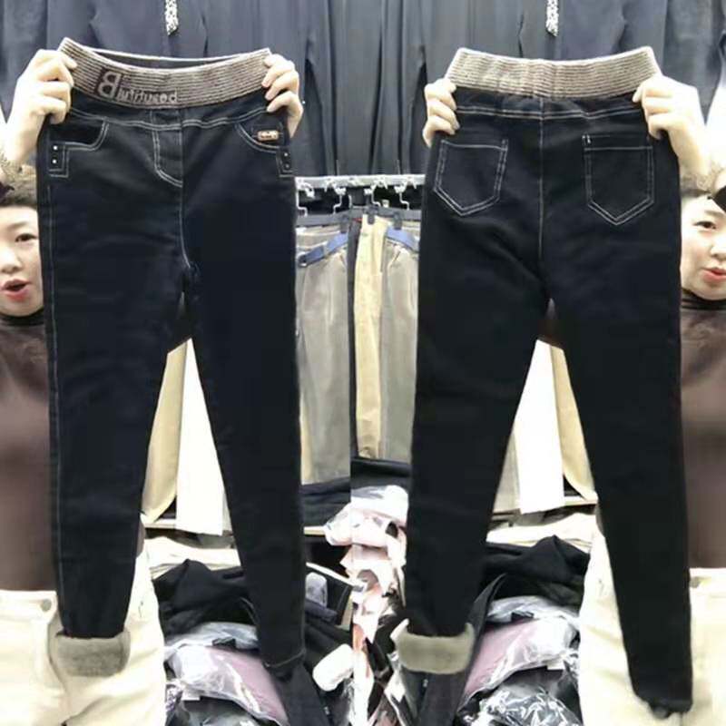 South Korea 2023 autumn and winter new girls plus velvet thickened jeans foreign style casual Teddy fleece slim children's pants