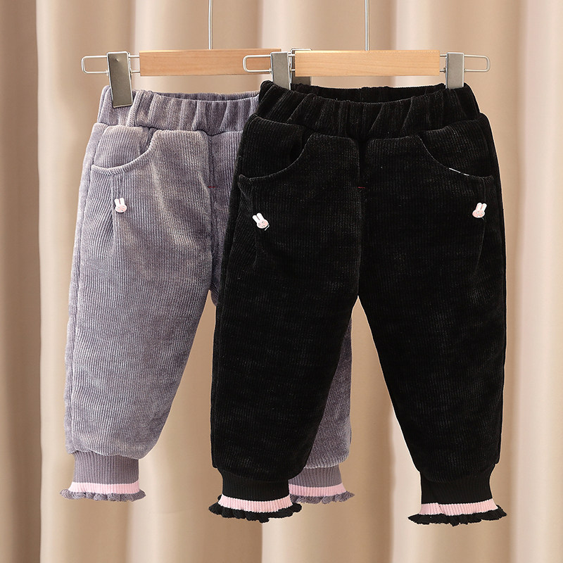 Korean autumn and winter girls plus velvet thickened pants a pair of winter girl baby cotton pants children wear baby winter pants