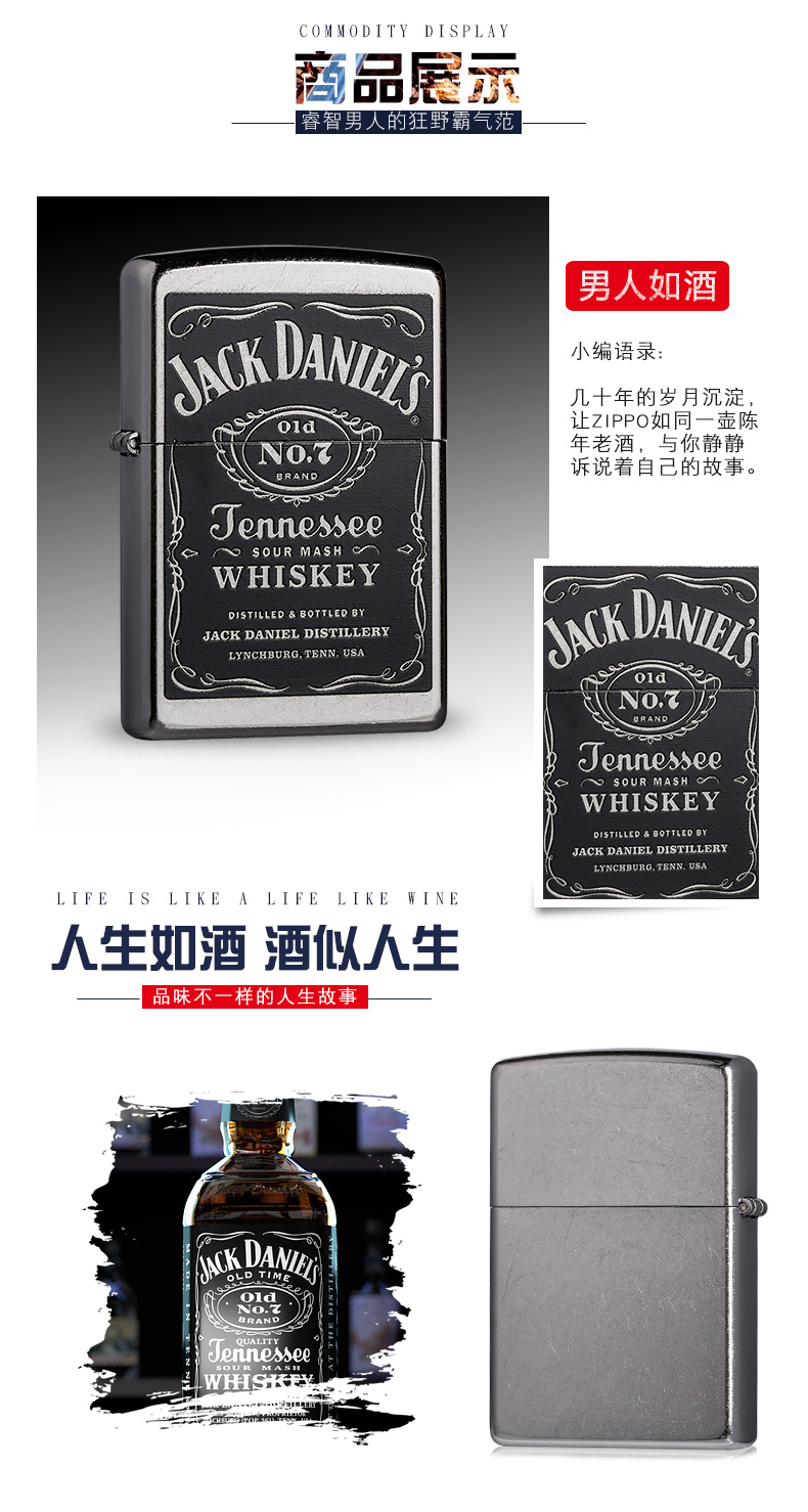 美国原机进口 Zippo 黑漆面积丹尼-原味 酒标 16孔防风打火机 图6