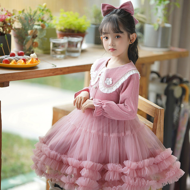 Girls Dress Autumn 2023 New Autumn Puffy Princess Dress Lapel Girls Mesh Children's Dress Skirt