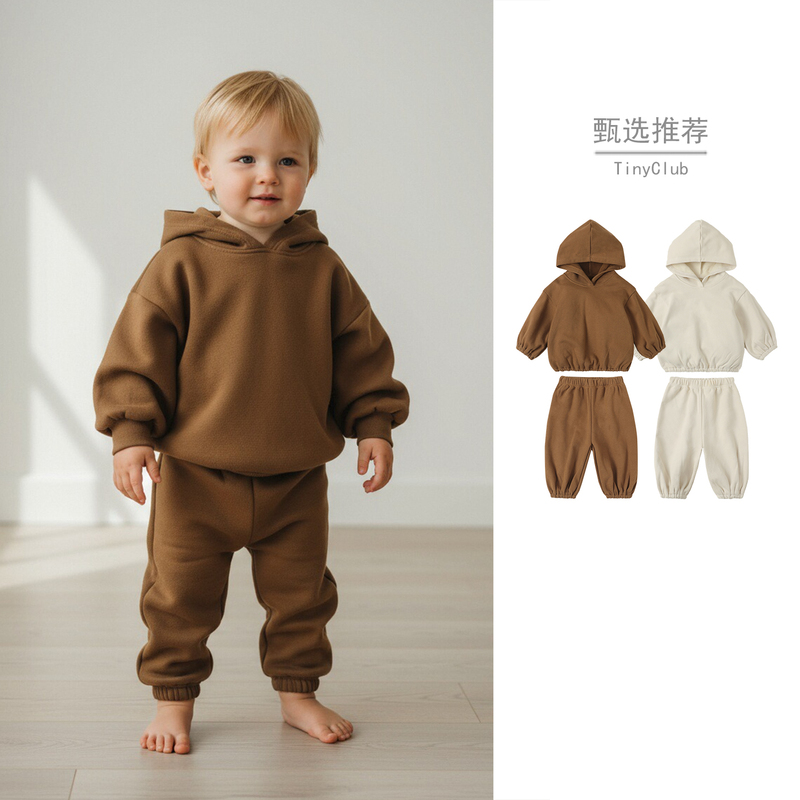 2025 Autumn/Winter New Style ~ Baby Clothes Thin Fleece Two-Piece Set Stylish Baby Hooded Sweatshirt Winter Outfit Two-Piece Set