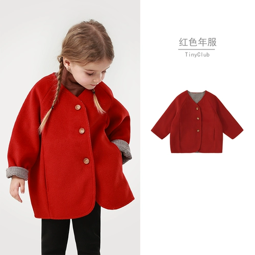 Красное зимнее шерстяное пальто, праздничнная детская куртка, увеличенная толщина
