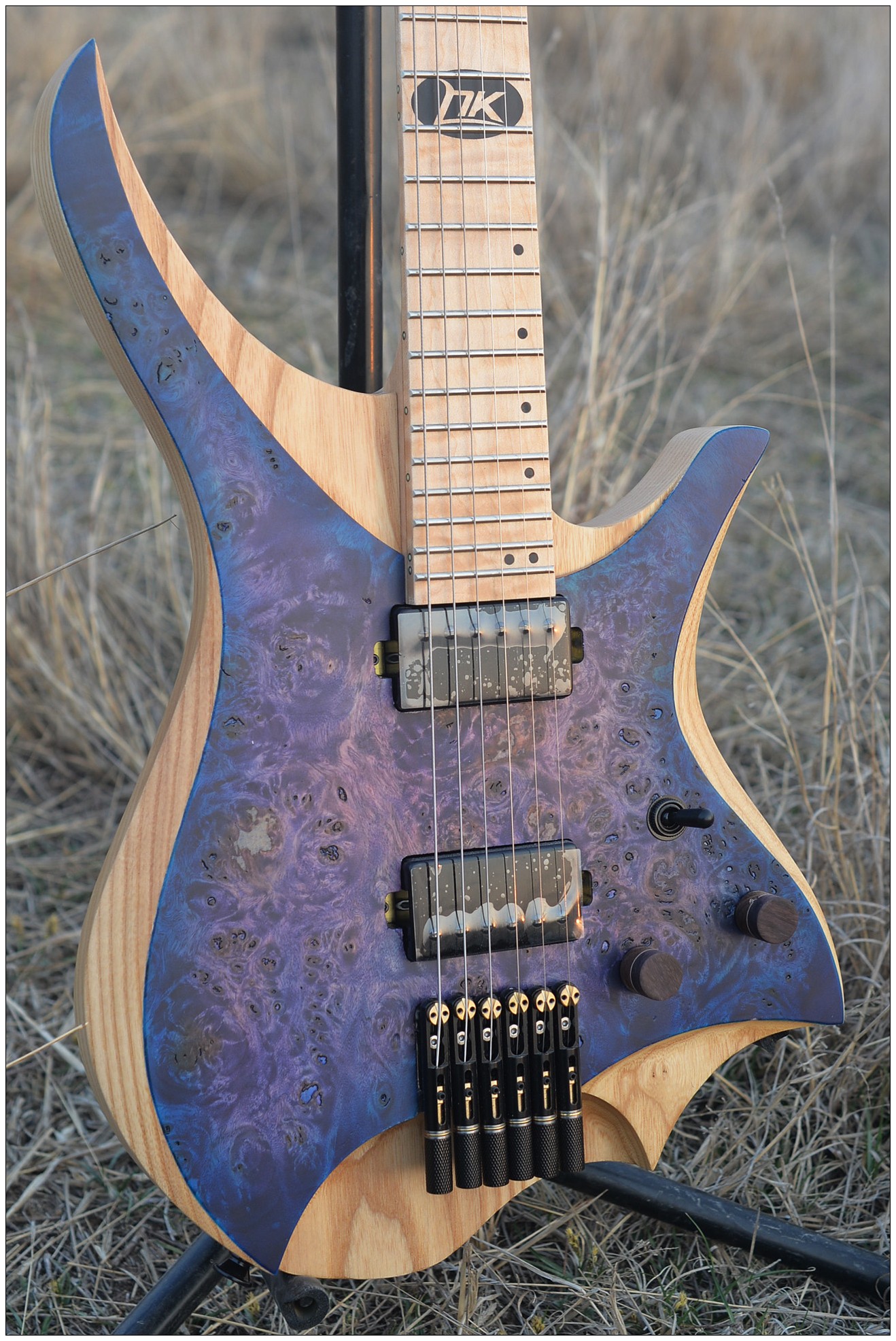 NK Headless Electric Guitar Blue Flame Maple Guitar ASH Body Flame Maple Neck Luminous side note
