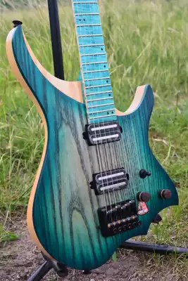 NK Headless Electric Guitar Blue Manchurian Body Flame Maple Neck Luminous Side Notes Flame Maple Finger