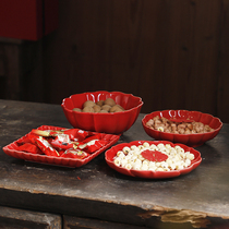 Wedding plate ceramic red dish tableware flat plate fruit plate Dish Home creative snacks candy dried fruit plate