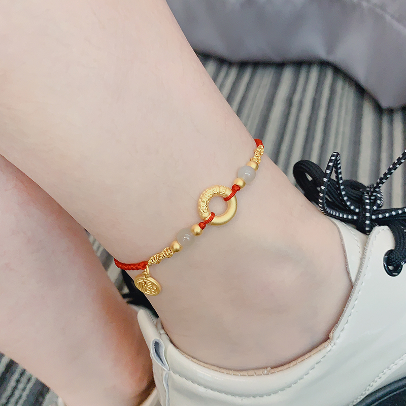 Gold Anklet for Women 999 Pure Gold Safety Buckle Fortune Charm Red String Pure Gold 2023 New Model Gift for Girlfriend