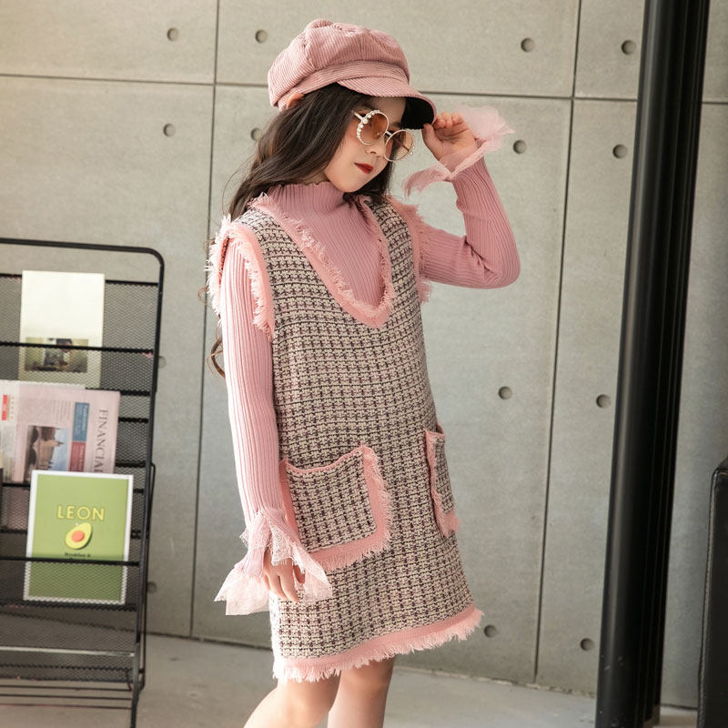 Two-piece Han-style pink dress Ocean Lotus Leaf Knitted High-collar Sweater Set