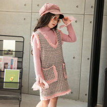 Girls twine two-piece Korean autumn and winter pink dress foreign lotus leaf sleeve knitted turtleneck sweater set tide