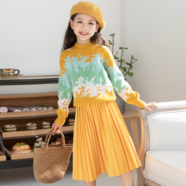 Girls' suit 2022 autumn and winter Korean style dress pure cotton knitted top pleated skirt sweater two-piece set