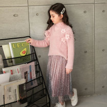 Girls suit mink hair Korean version of foreign-Air beaded flower sweater golden velvet mesh dress Pink Lady two-piece set