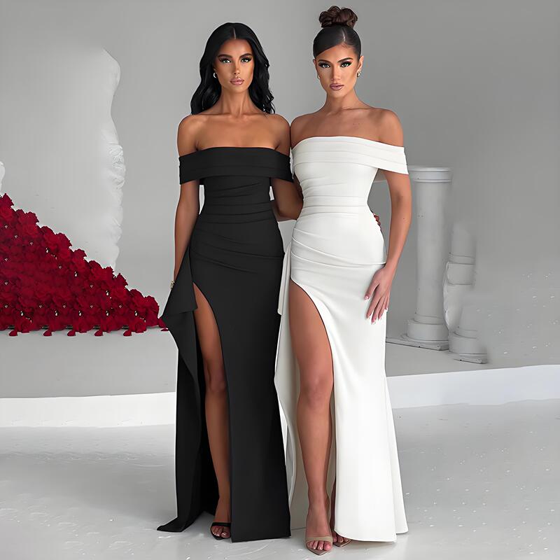 French-Style One-Shoulder Slit Dress, Slim-Fit Birthday Party Evening Gown, Long Dress for Autumn and Winter French-Style One-Shoulder Slit Dress, Slim-Fit Birthday Party Evening Gown, Long Dress for Autumn and Winter