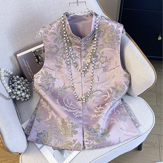 New chinese style national style vest high-end heavy industry embroidery jacquard vest spring women's satin disc buckle vest vest