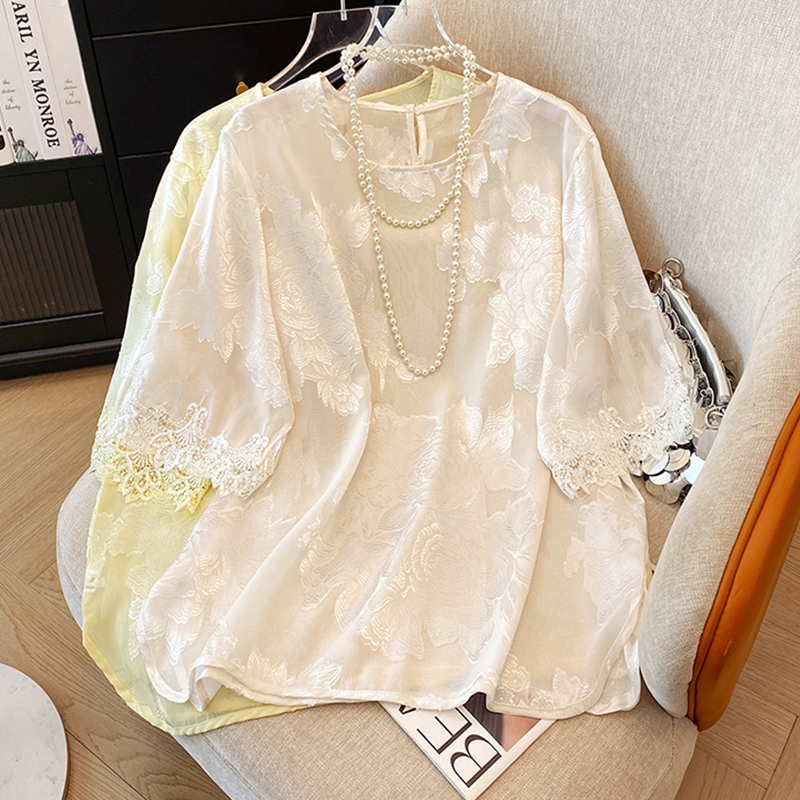 High-End Acetate Satin Short-Sleeve T-Shirt for Women, Vintage Heavy Jacquard Lace Inner Top, New Chinese Style National Style Blouse