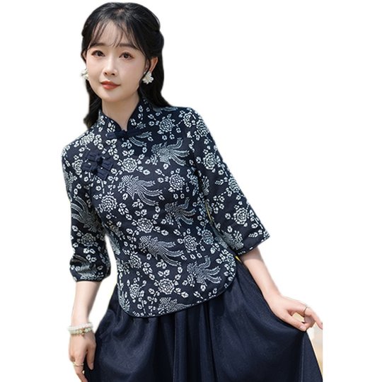 Tang Suit Plus Size Women's Clothing Blue and White Porcelain Top Modified Cheongsam Hanfu Women's Chinese Style Mother's Cotton and Linen Ethnic Style Suit
