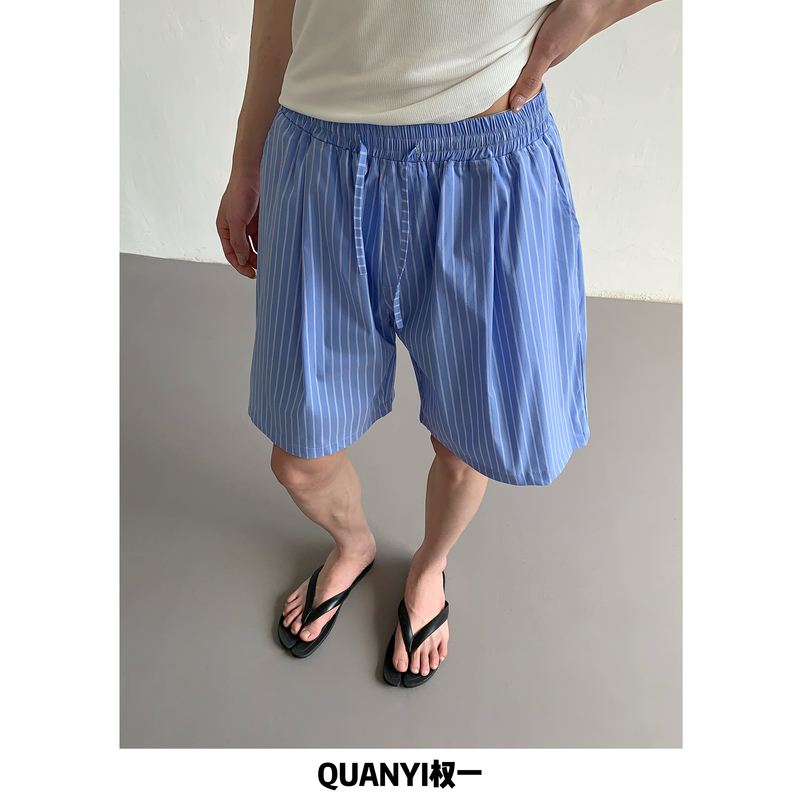 Quan Yi Seaside Vacation Summer Blue Striped Shorts Men's Quick-Drying Five-Point Beach Shorts Home Casual Sleepwear Women's Quan Yi Seaside Vacation Summer Blue Striped Shorts Men's Quick-Drying Five-Point Beach Shorts Home Casual Sleepwear Women's