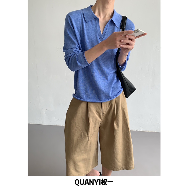 Sun-Protective Long-Sleeve Knit Shirt with a Henry Collar, High-End Blue Linen Breathable V-Neck Cover-Up Top for Men