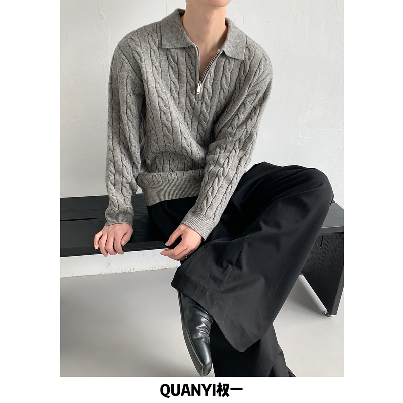 Quan Yi Autumn/Winter Korean Style Lapel Twist Knit Polo Sweater for Men, Unique Design Solid Color Zipper Knitwear, Niche Style