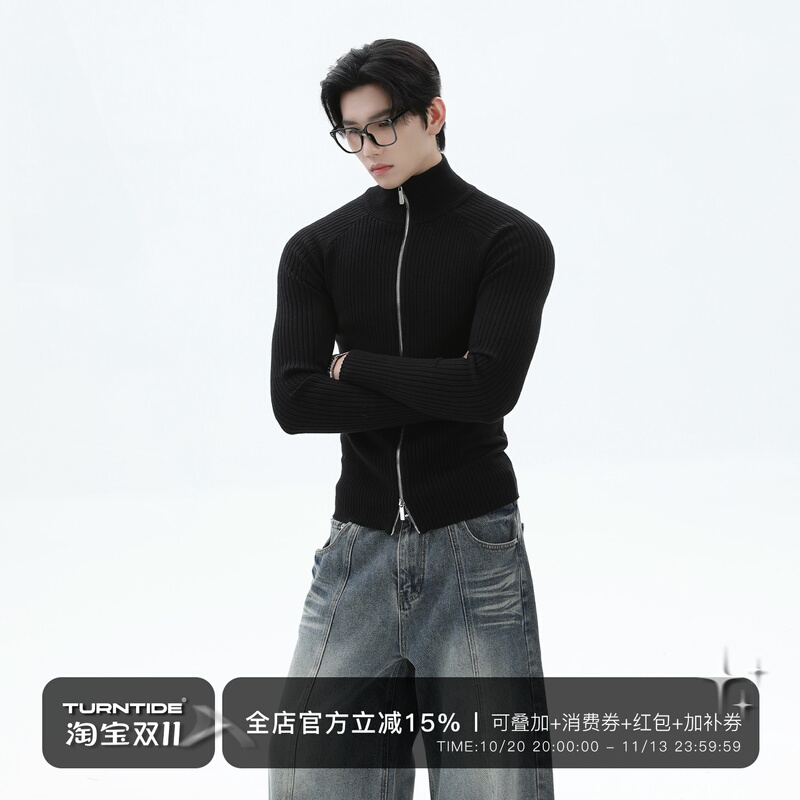 Turntide Niche Solid Color Slim Fit Stand Collar Ribbed Knit Cardigan Double Zipper Base Layer Raglan Sweater Jacket