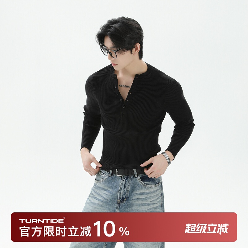 Turntide 2Nd Generation Upgraded Version Slim Fit Multi-Button Henry Collar Ribbed Knit Sweater Solid Color Casual Sweater for Men