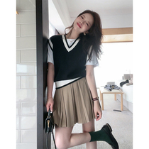 Clearance TMH college style pleated skirt womens spring and summer new khaki a-line short skirt is thin and high waist all-match skirt