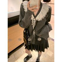 miu-style cute handmade lace collar knitted sweater cardigan womens coat 2021 spring and autumn new Japanese style lazy style