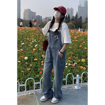 Home shortage 2022 summer new college port style badge denim overalls straight casual loose wide-leg pants female shortage