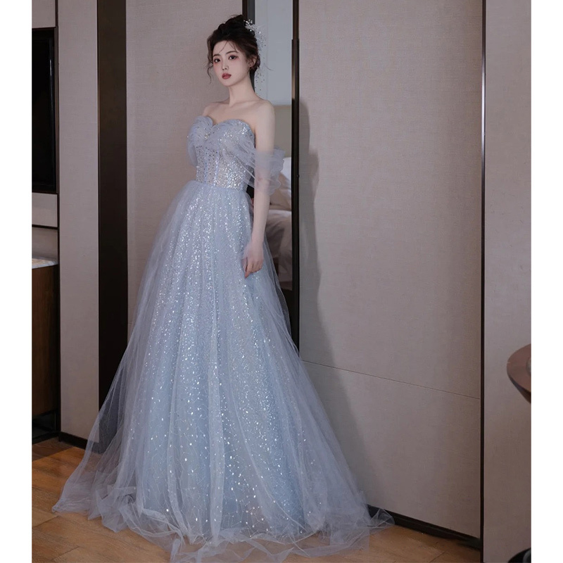 Blue Evening Dress, High-End Light Luxury, Niche One-Shoulder Design, Suitable for Art Exams, Solo Performances, Elegant Annual Meeting Dress, Ethereal Style
