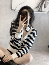 Striped V-neck sweater autumn and winter new womens thin sweater long sleeve slim short base temperament top