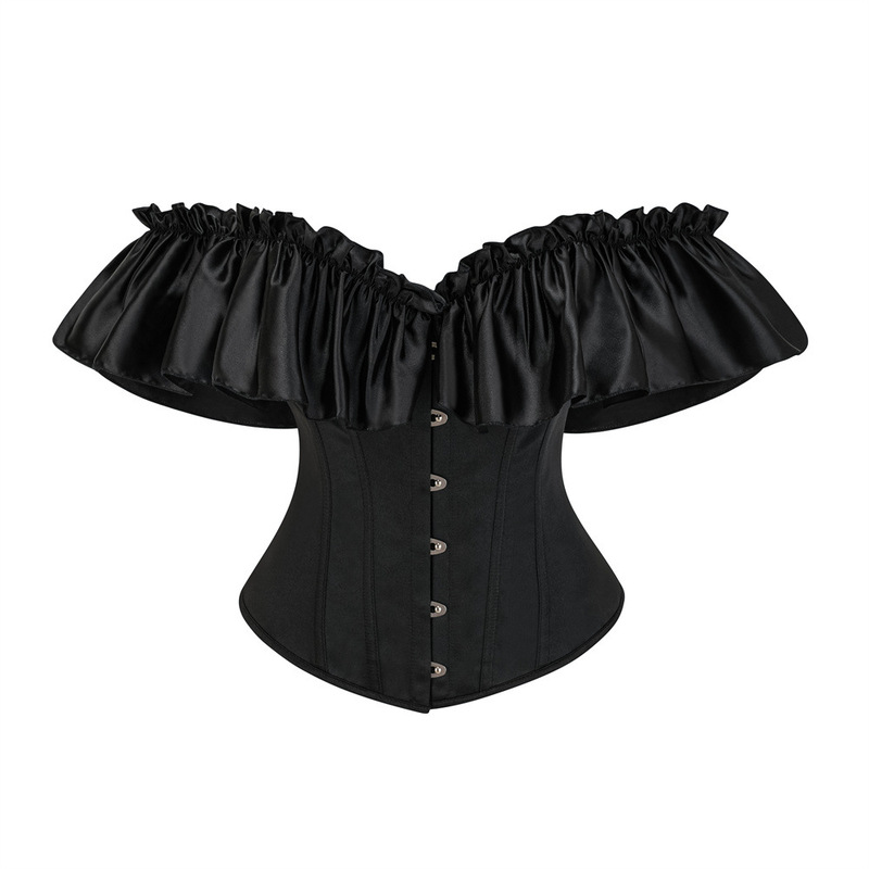 Satin Off-Shoulder Ruffled Satin Solid Color Court Corset Sexy Corset with Back Lacing and Boning