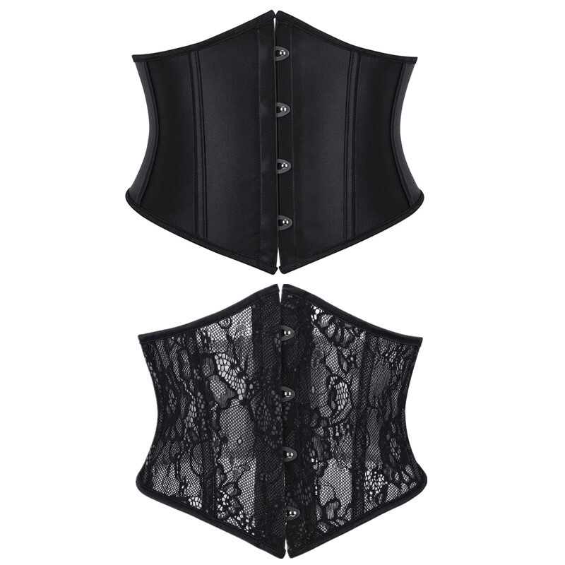New Short Style 4-Buckle Gothic Black Corset with Satin/Lace Mesh European and American Style Tie-Up Waist Cincher for Outerwear New Short Style 4-Buckle Gothic Black Corset with Satin/Lace Mesh European and American Style Tie-Up Waist Cincher for Outerwear