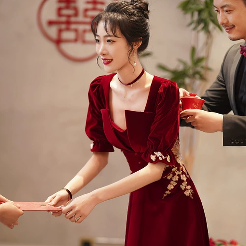 Бордовое длинное весеннее летнее вечернее платье для невесты, бархатная юбка