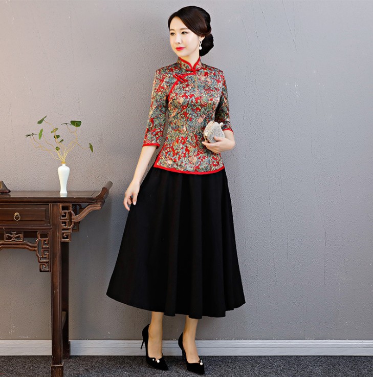 Vintage Trung Quốc Gió Tang Suit 2019 Xuân Thu Bảy tay áo Sleeve Kiểu dáng đẹp Đổi mới ngắn Cheongsam Lên trên