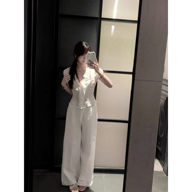 Lizzy Notepad, Lace-Trimmed White Shirt, Lace-Edged Tencel Cotton White Straight-Leg Pants for Summer