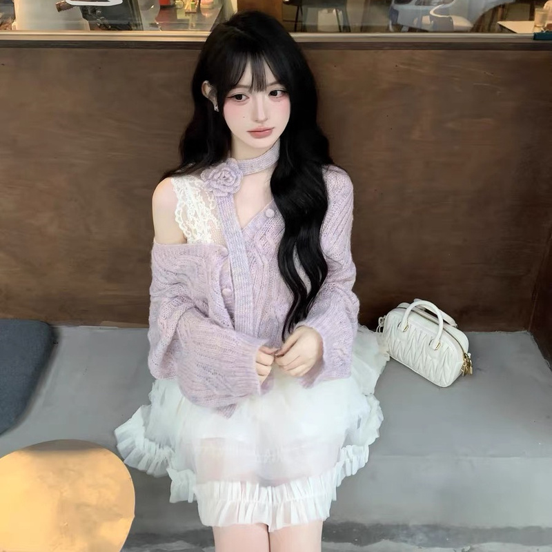 [in Stock] Mianmian Qianjin Variegated Dyed Mixed Purple V-Neck Scarf Wool Knit Cardigan Jacket