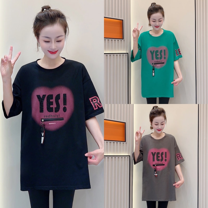 2026 Summer New Mid-Length Pure Cotton Loose Letter Print Zipper Pocket Slit Fashion Versatile Women's T-Shirt