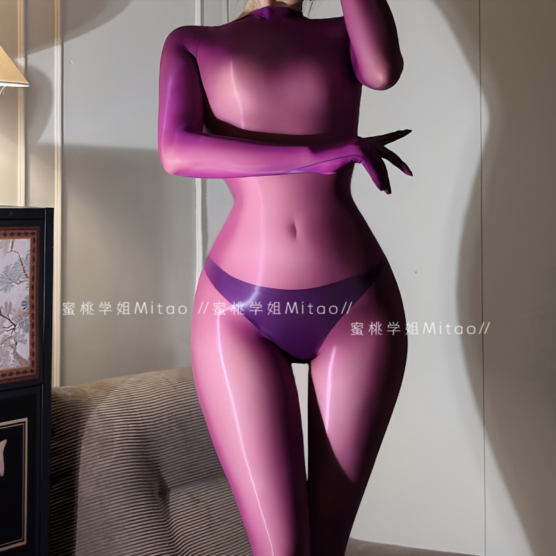 High-Density 1228-Thread Glossy Purple Silky Smooth Bodysuit Sexy Five-Finger Full-Body Wrap-Around Stockings Black Silk