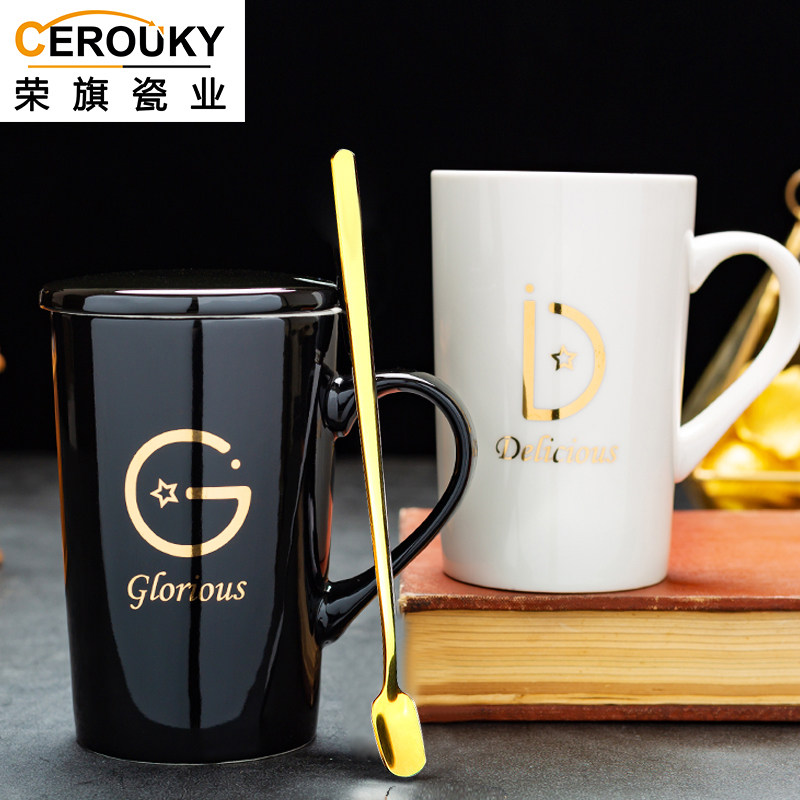 Creative couple ceramic cup personality trend Mark cup male and female milk cup with cover spoon drinking cup