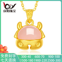 999 Foot Gold Bull Gold Pendant Women Hard Gold Duoson Zodiac Bull Pure Gold and Tian Yujin Niu Life Annuity Inlaid Jade