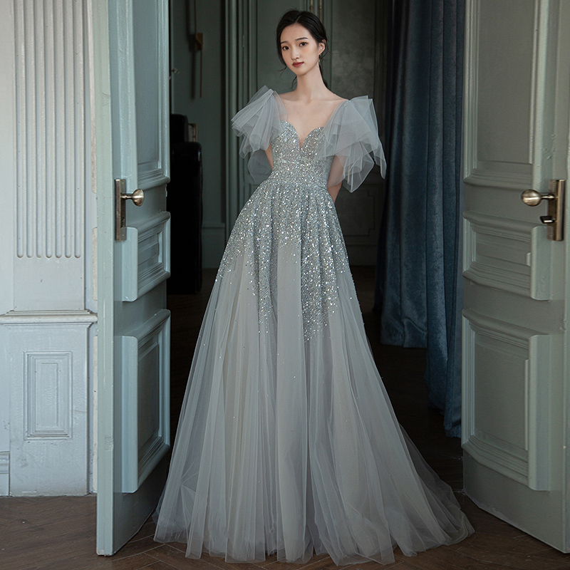 Light wedding dress 2021 new evening dress light luxury minority high-end banquet temperament usually can wear long women marriage