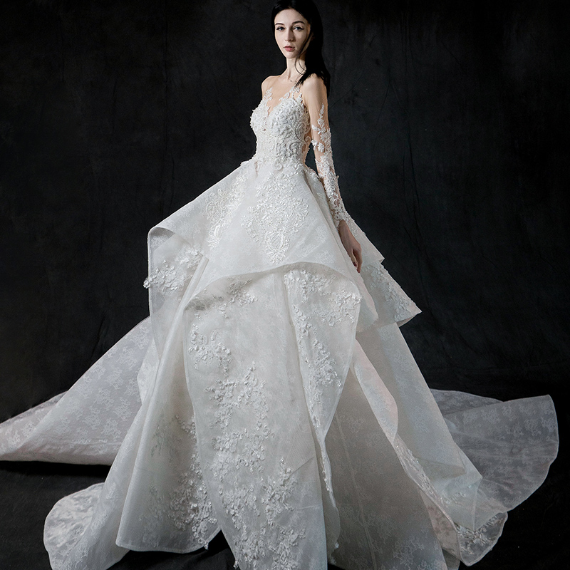Advanced summer wedding dress for pregnant, long sleeve, 2021 collection, french style