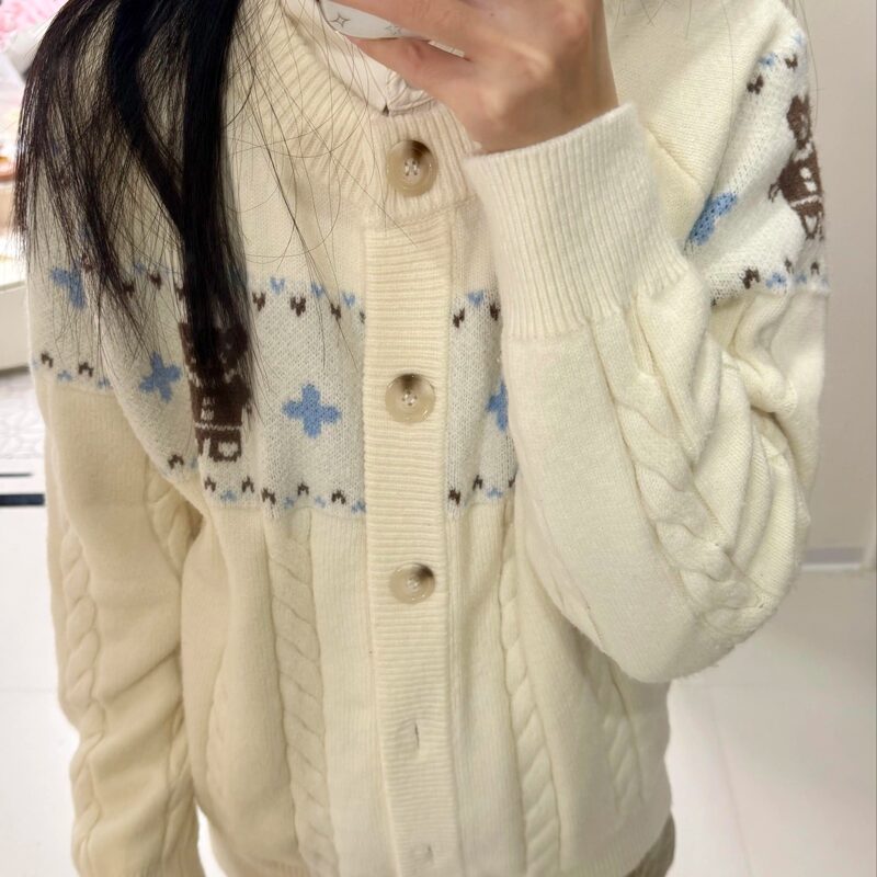 Autumn Loose-Fitting New Bear Jacquard Fair Isle Cardigan Round-Neck Sweater Autumn and Winter Soft Knit Retro Jacket Trendy Autumn Loose-Fitting New Bear Jacquard Fair Isle Cardigan Round-Neck Sweater Autumn and Winter Soft Knit Retro Jacket Trendy