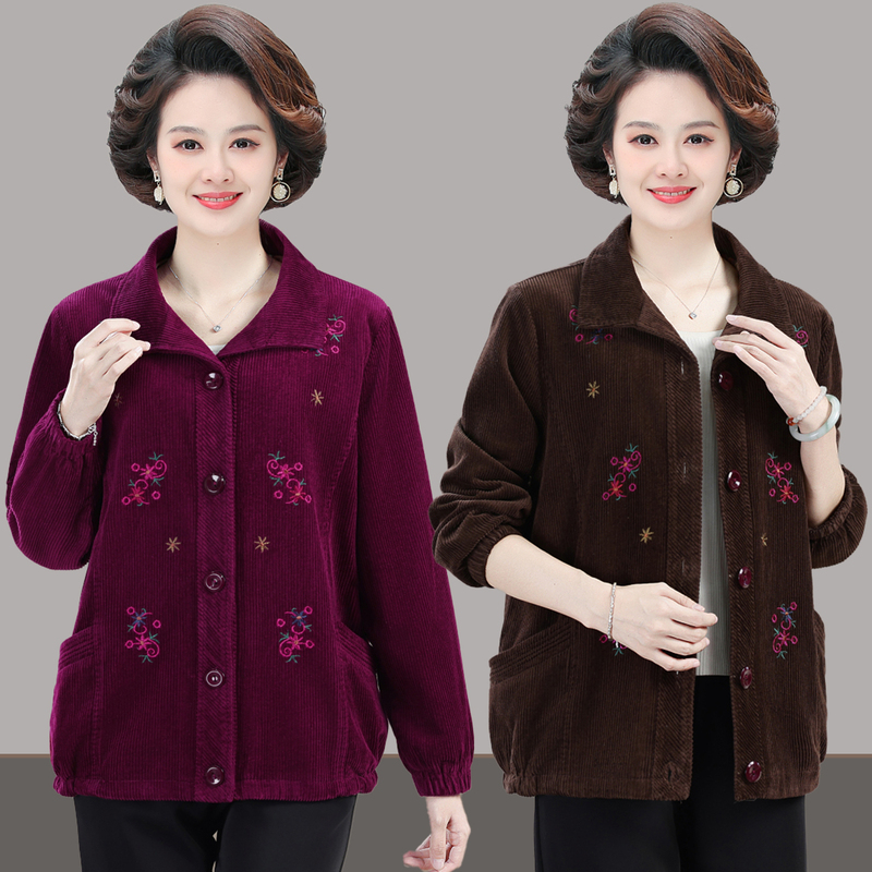 Middle-Aged and Elderly Women's Spring and Autumn Pure Cotton Corduroy Jacket, New Loose-Fitting Plus-Size Mother's Wear Corduroy Jacket Top