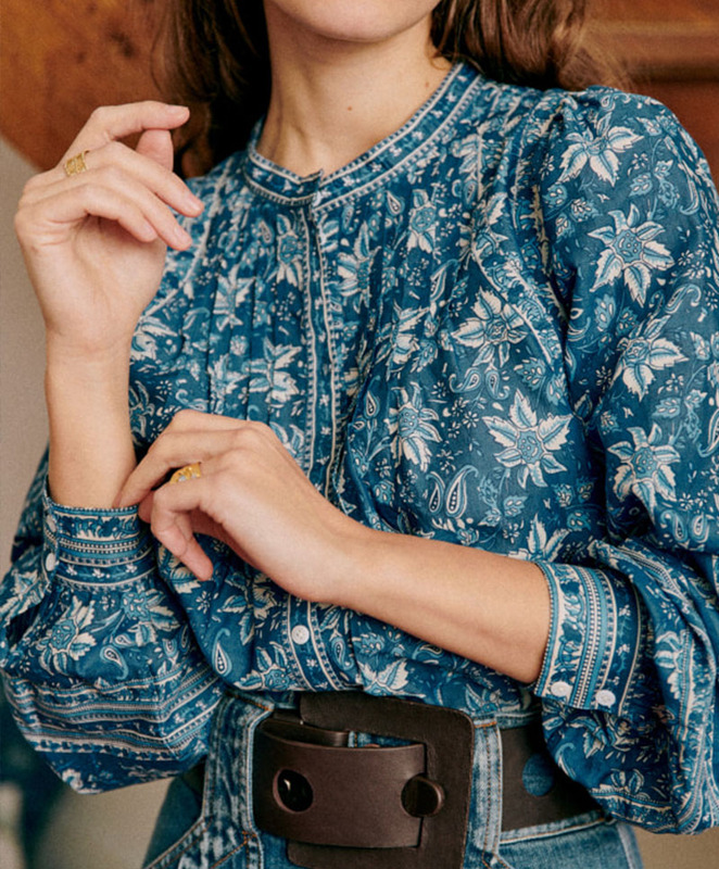 French-Style Niche 2023 Ethnic Blue Lily Paisley Floral Print Lantern Sleeve Loose Cotton Shirt Top