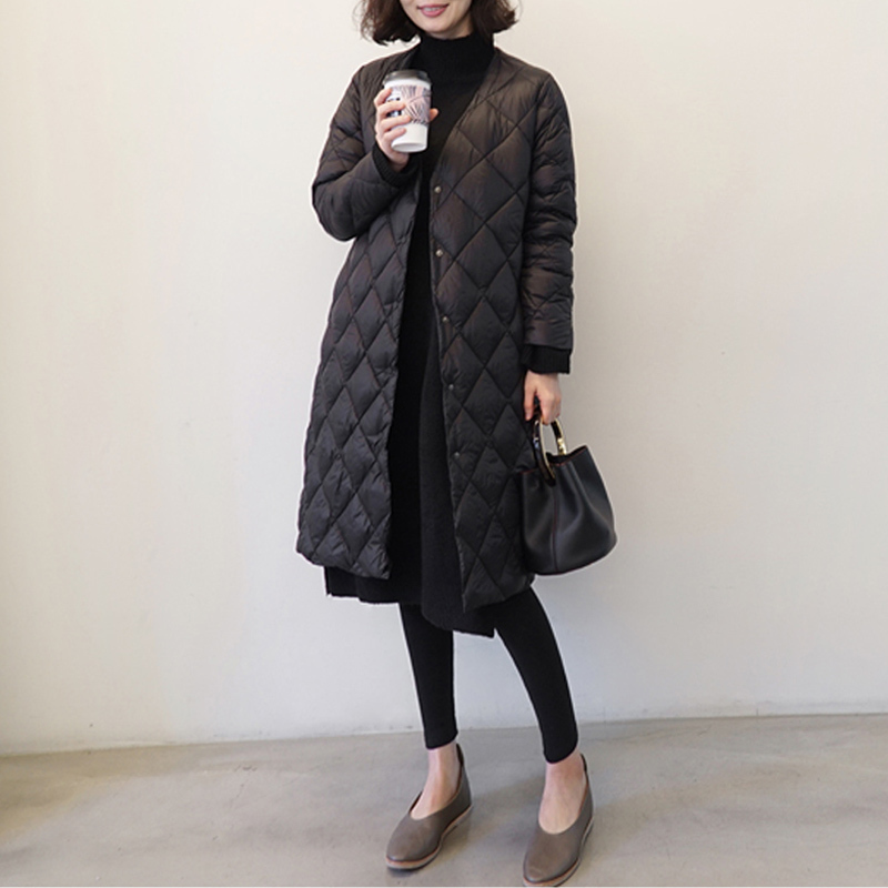 Black Lightweight Cotton Coat for Women, Mid-Length, Slim Fit, Diamond Pattern, Inner Lining Cotton Jacket, Korean 2023 Winter New Style, Simple and Elegant